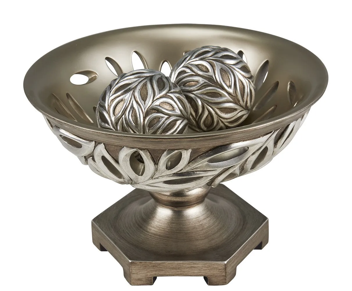 13" Brushed Silver Leaf Polyresin Decorative Pedestal Bowl with Orbs By Homeroots