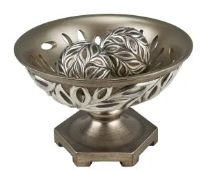 13" Brushed Silver Leaf Polyresin Decorative Pedestal Bowl with Orbs By Homeroots