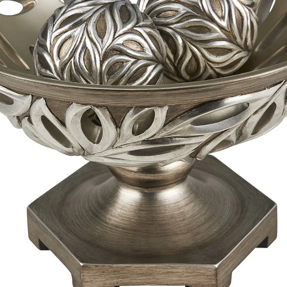 13" Brushed Silver Leaf Polyresin Decorative Pedestal Bowl with Orbs By Homeroots