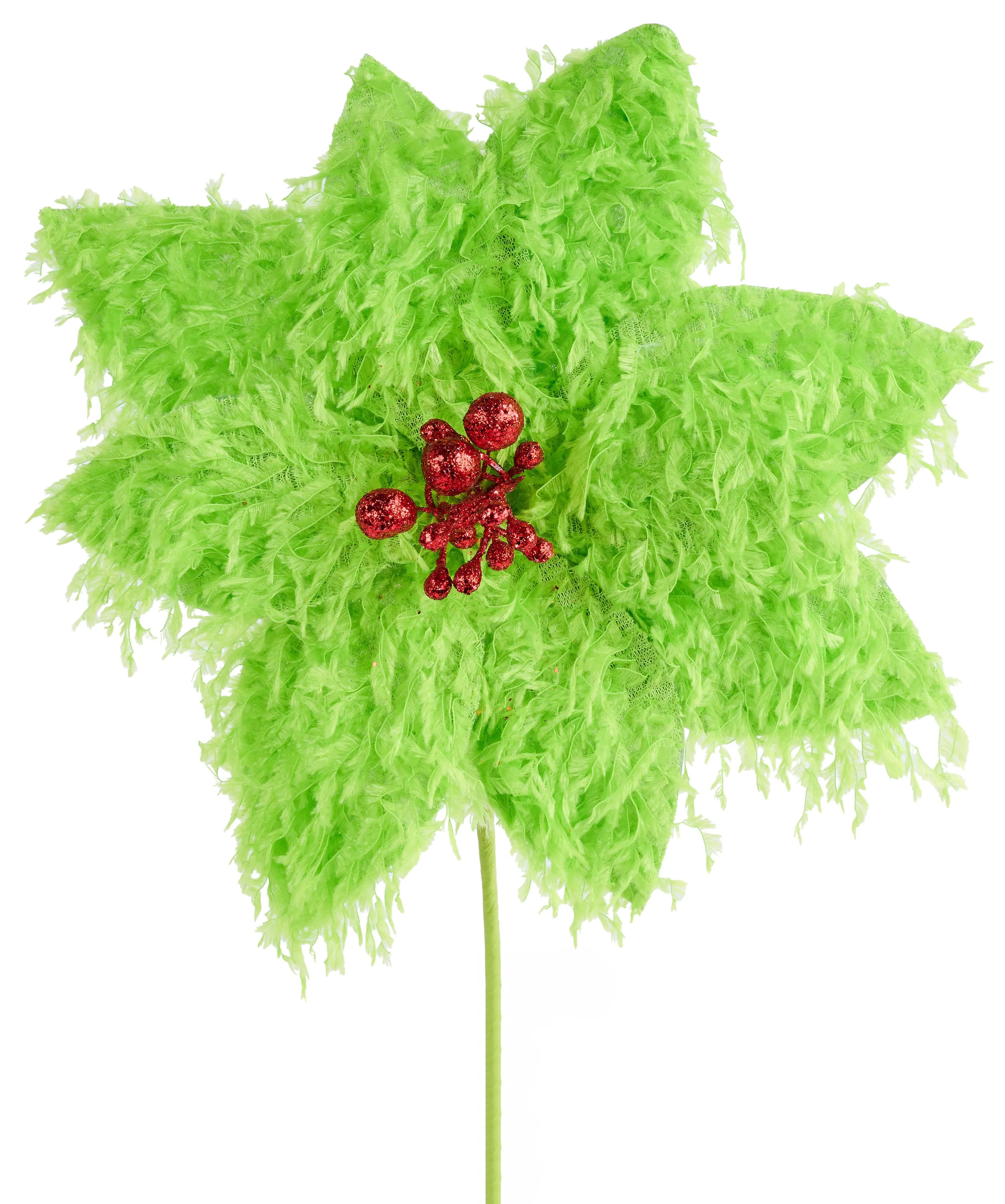 13" Furry Lime Green & Red Poinsettia Pick Spray