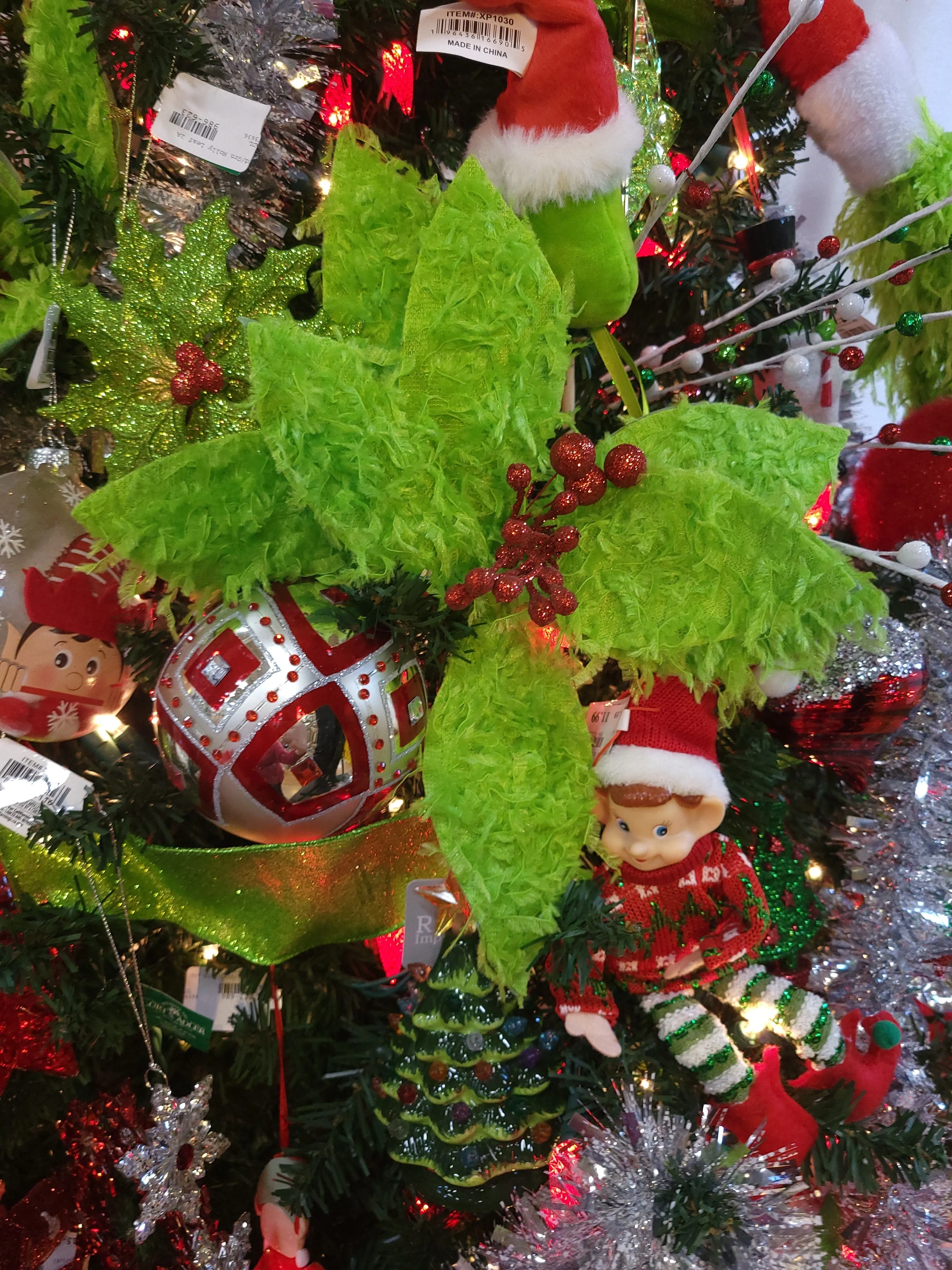 13" Furry Lime Green & Red Poinsettia Pick Spray