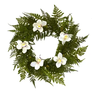 24” Cymbidium Orchid and Mixed Fern Artificial Wreath