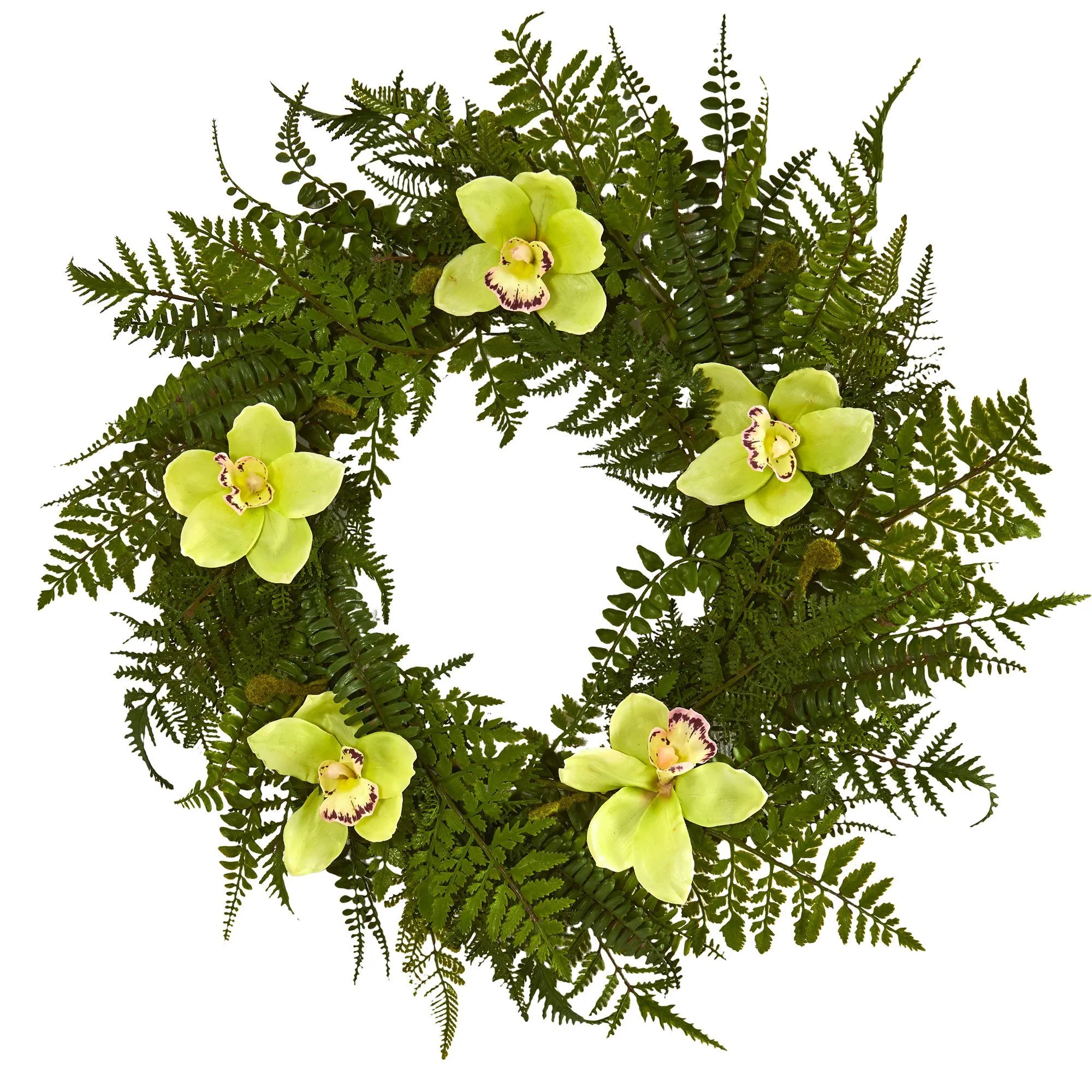 24” Cymbidium Orchid and Mixed Fern Artificial Wreath