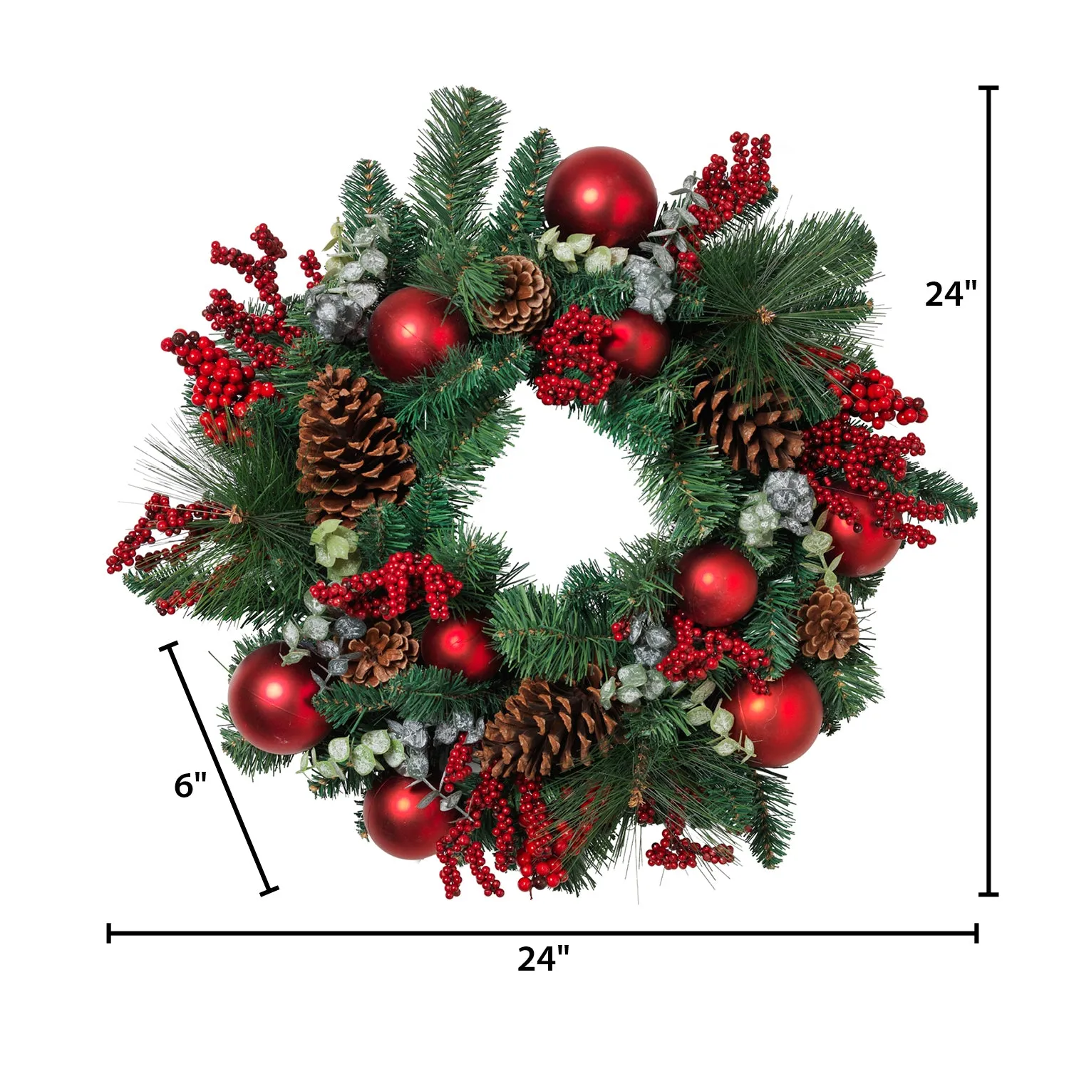 24 in Holiday Wreath with Pinecones, Red Berries and Ornaments