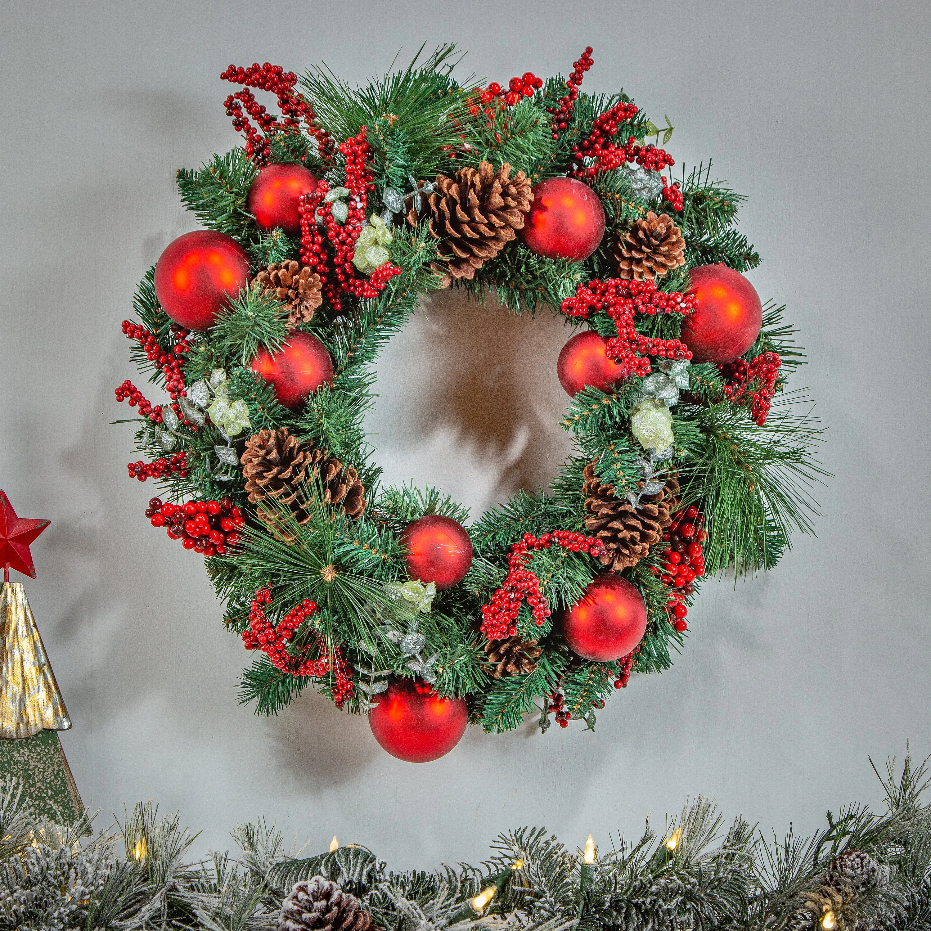 24 in Holiday Wreath with Pinecones, Red Berries and Ornaments