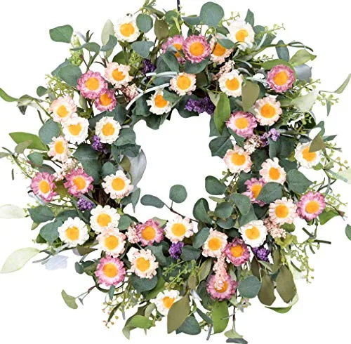 24-Inch Colorful Daisy Artificial Spring Front Door Wreath with Farmhouse Boxwood Leaves