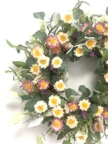 24-Inch Colorful Daisy Artificial Spring Front Door Wreath with Farmhouse Boxwood Leaves