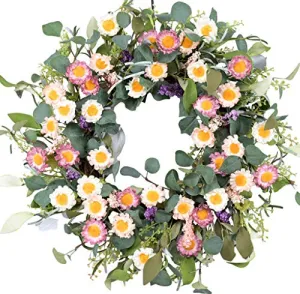 24-Inch Colorful Daisy Artificial Spring Front Door Wreath with Farmhouse Boxwood Leaves