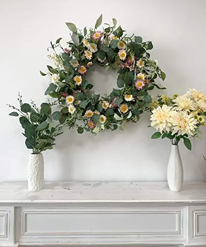 24-Inch Colorful Daisy Artificial Spring Front Door Wreath with Farmhouse Boxwood Leaves
