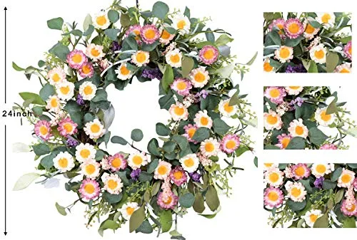 24-Inch Colorful Daisy Artificial Spring Front Door Wreath with Farmhouse Boxwood Leaves