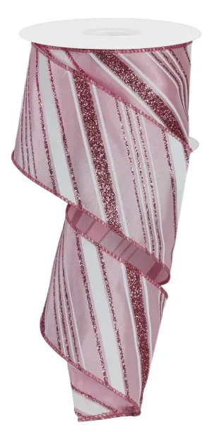 2.5" Diagonal Glitter Stripe Ribbon: Pink/Wht