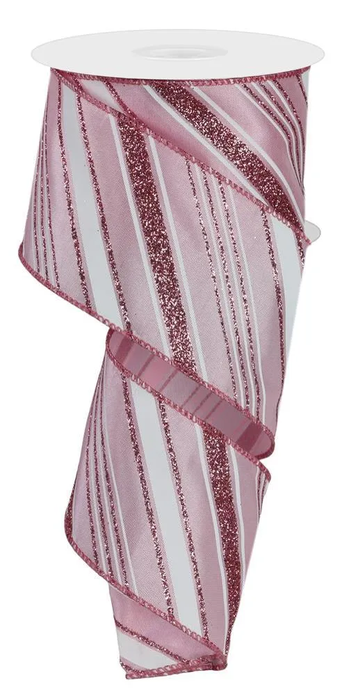 2.5" Diagonal Glitter Stripe Ribbon: Pink/Wht