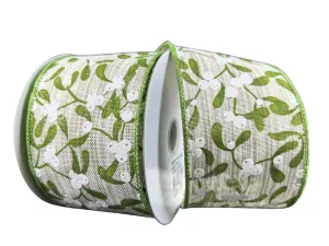 2.5" Mistletoe Leaves and Berries Ribbon: Natural/White/Green - 10yds