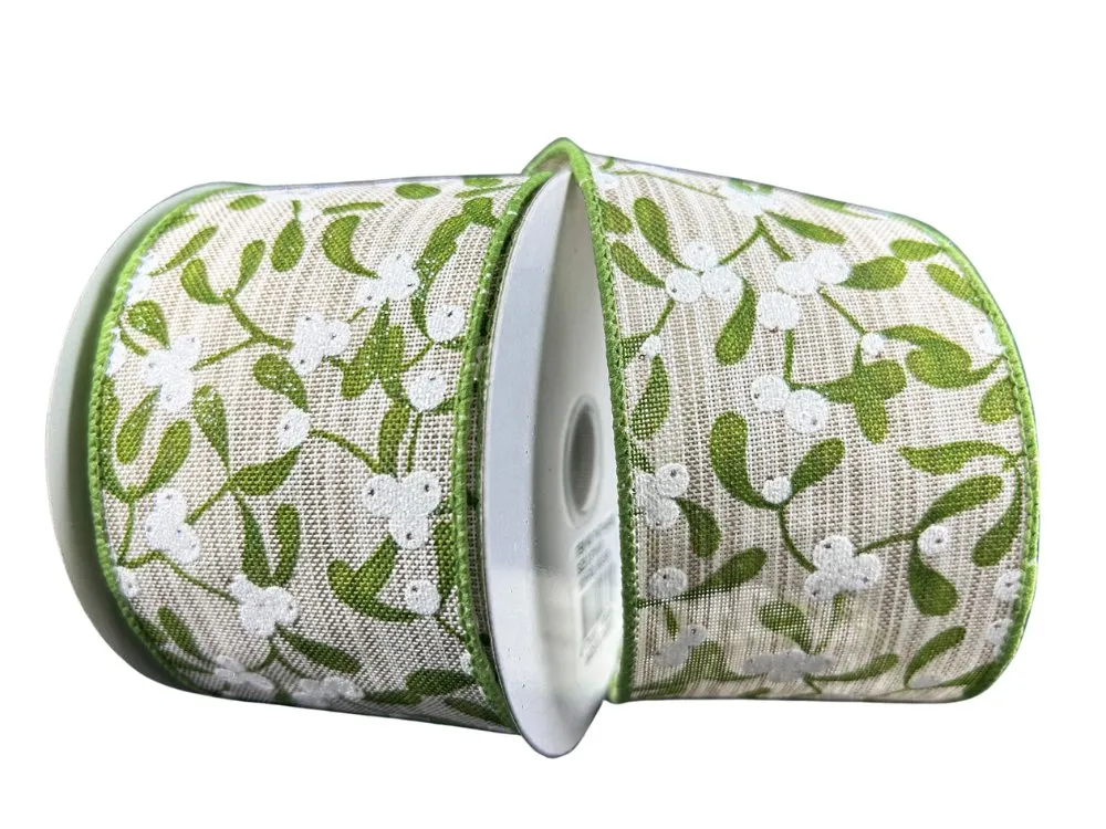 2.5" Mistletoe Leaves and Berries Ribbon: Natural/White/Green - 10yds