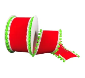 2.5" Pompom Edge Velvet Ribbon: Red/White/Lime- 10 YD
