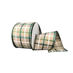 2.5" Woven Plaid Ribbon: Natural/White/Moss/Sage - 10yds