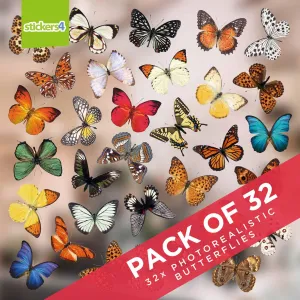 32 Photorealistic Butterfly Cling Window Stickers - Medium Size