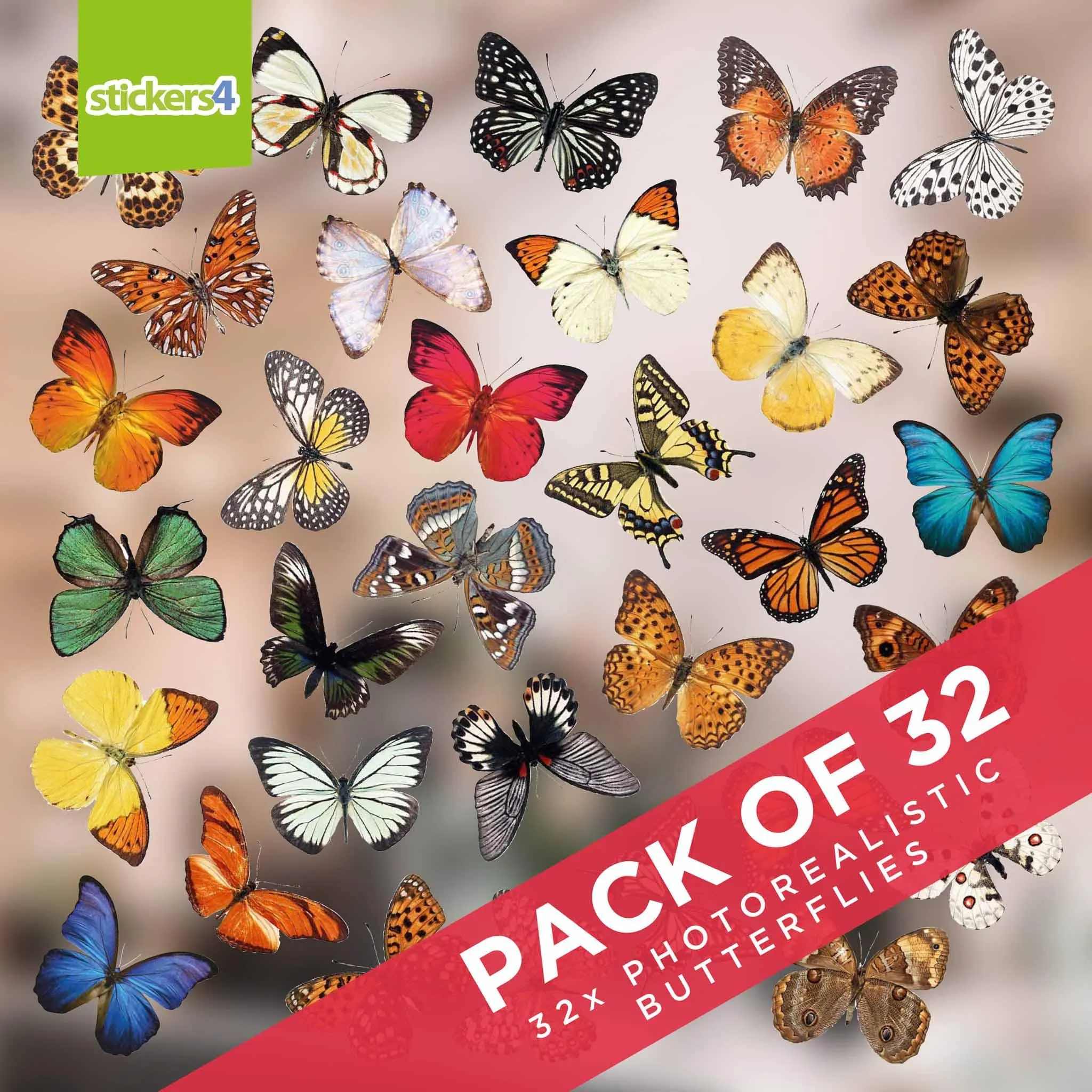 32 Photorealistic Butterfly Cling Window Stickers - Medium Size