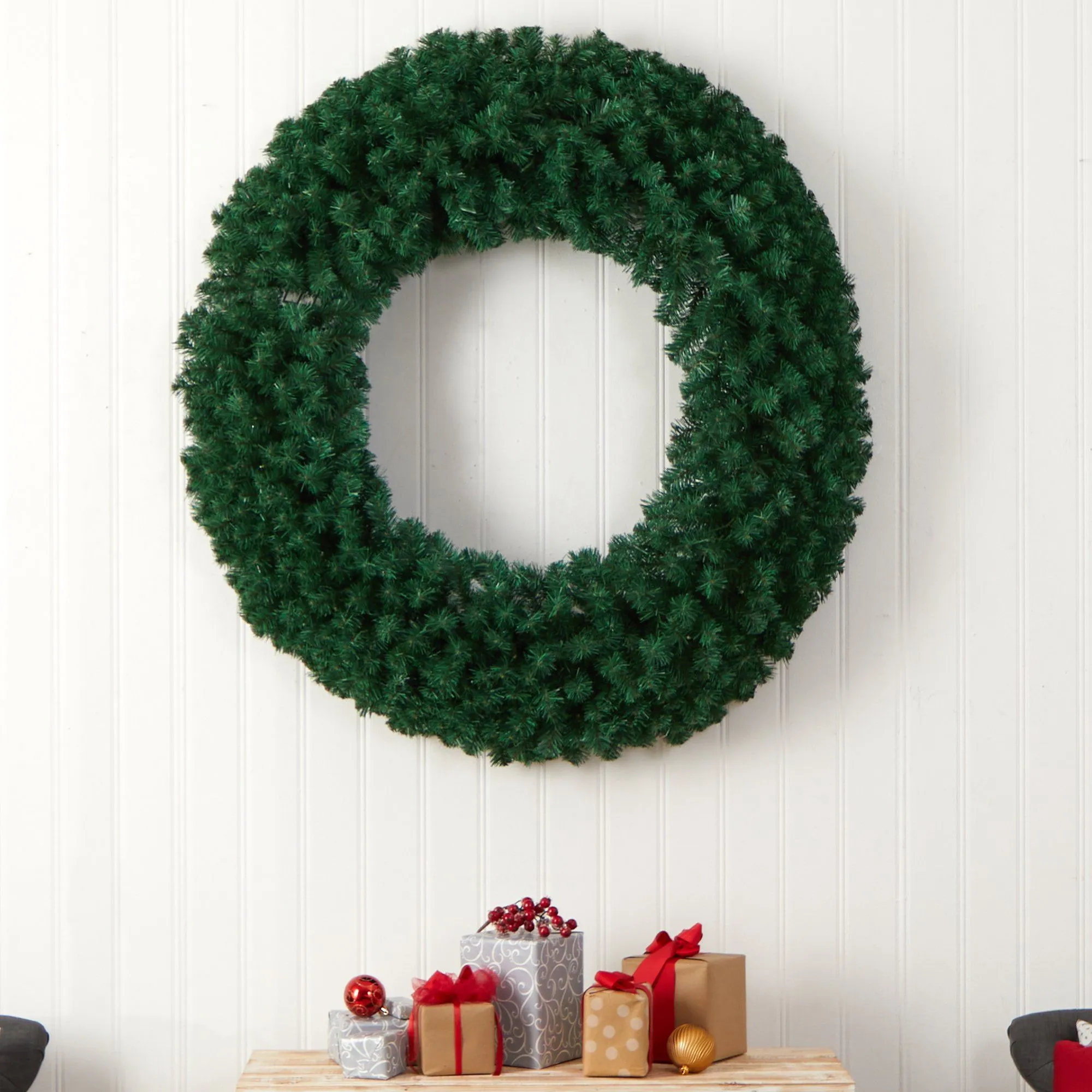 48” Large Artificial Christmas Wreath with 714 Bendable Branches and 200 Warm White LED Lights