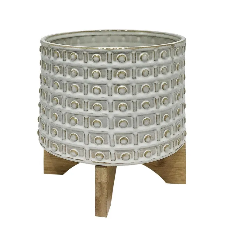 8" Dotted Ceramic Planter with Wood Stand - Ivory
