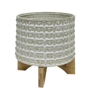 8" Dotted Ceramic Planter with Wood Stand - Ivory