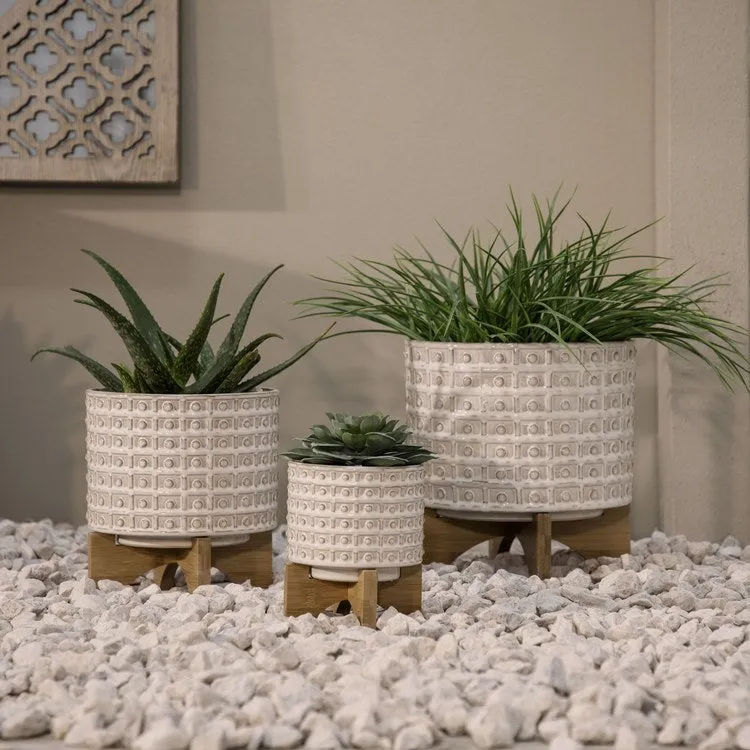 8" Dotted Ceramic Planter with Wood Stand - Ivory