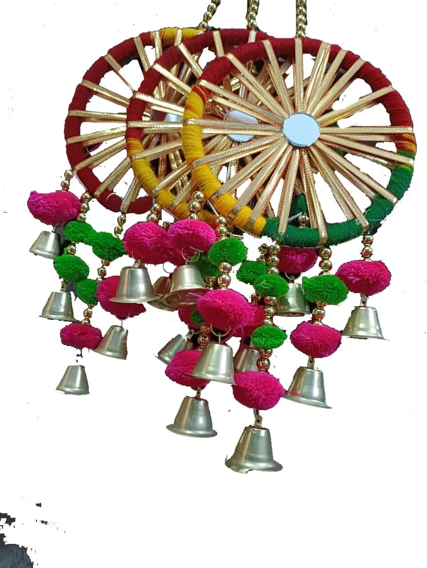 Antier Handcrafted Wall Door Hanging Pom Pom Chakri Torans with Bells Diwali Decoration Item for Home Decor (Set of 2)