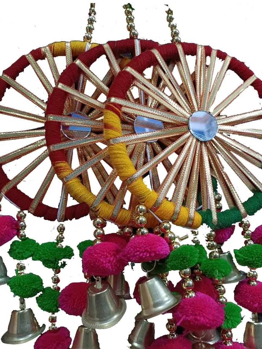 Antier Handcrafted Wall Door Hanging Pom Pom Chakri Torans with Bells Diwali Decoration Item for Home Decor (Set of 2)