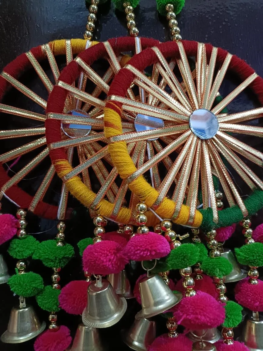 Antier Handcrafted Wall Door Hanging Pom Pom Chakri Torans with Bells Diwali Decoration Item for Home Decor (Set of 2)
