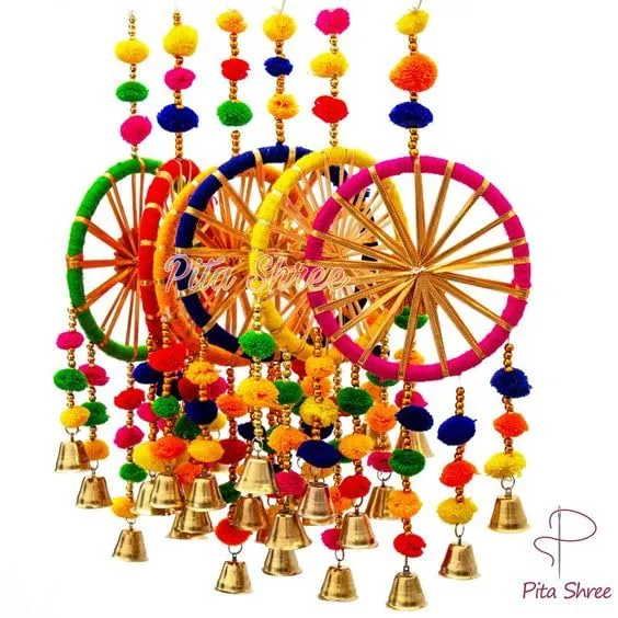 Antier Handcrafted Wall Door Hanging Pom Pom Chakri Torans with Bells Diwali Decoration Item for Home Decor (Set of 2)