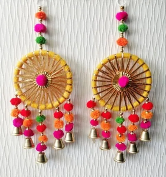 Antier Handcrafted Wall Door Hanging Pom Pom Chakri Torans with Bells Diwali Decoration Item for Home Decor (Set of 2)