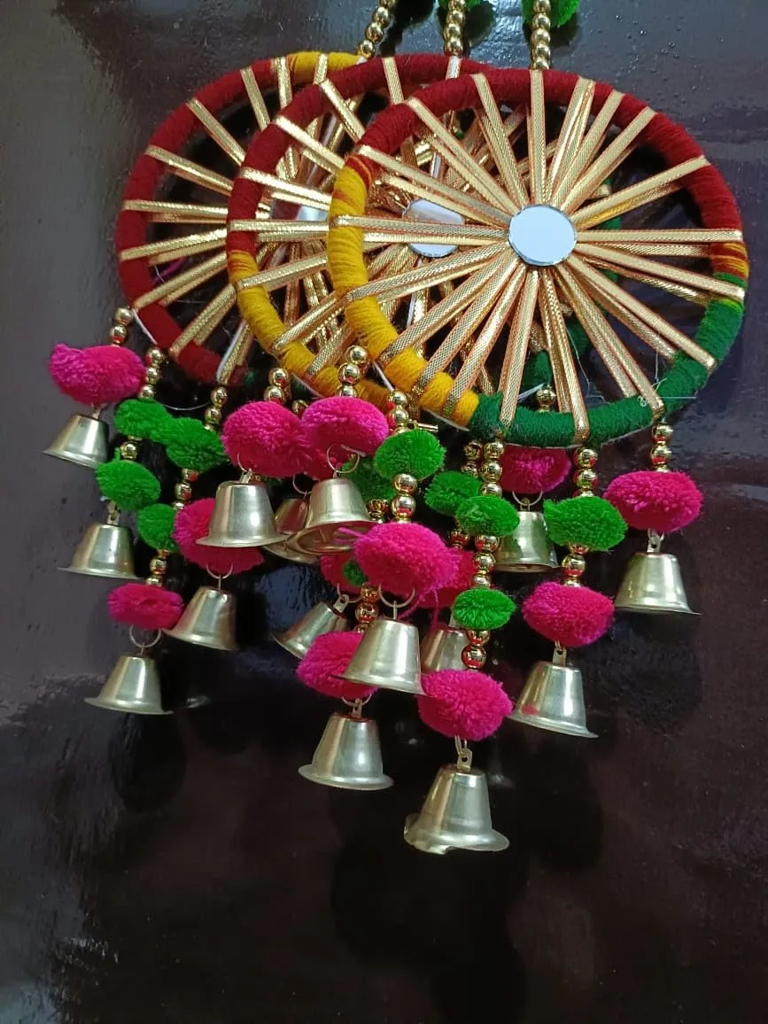 Antier Handcrafted Wall Door Hanging Pom Pom Chakri Torans with Bells Diwali Decoration Item for Home Decor (Set of 2)