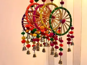 Antier Handcrafted Wall Door Hanging Pom Pom Chakri Torans with Bells Diwali Decoration Item for Home Decor (Set of 2)