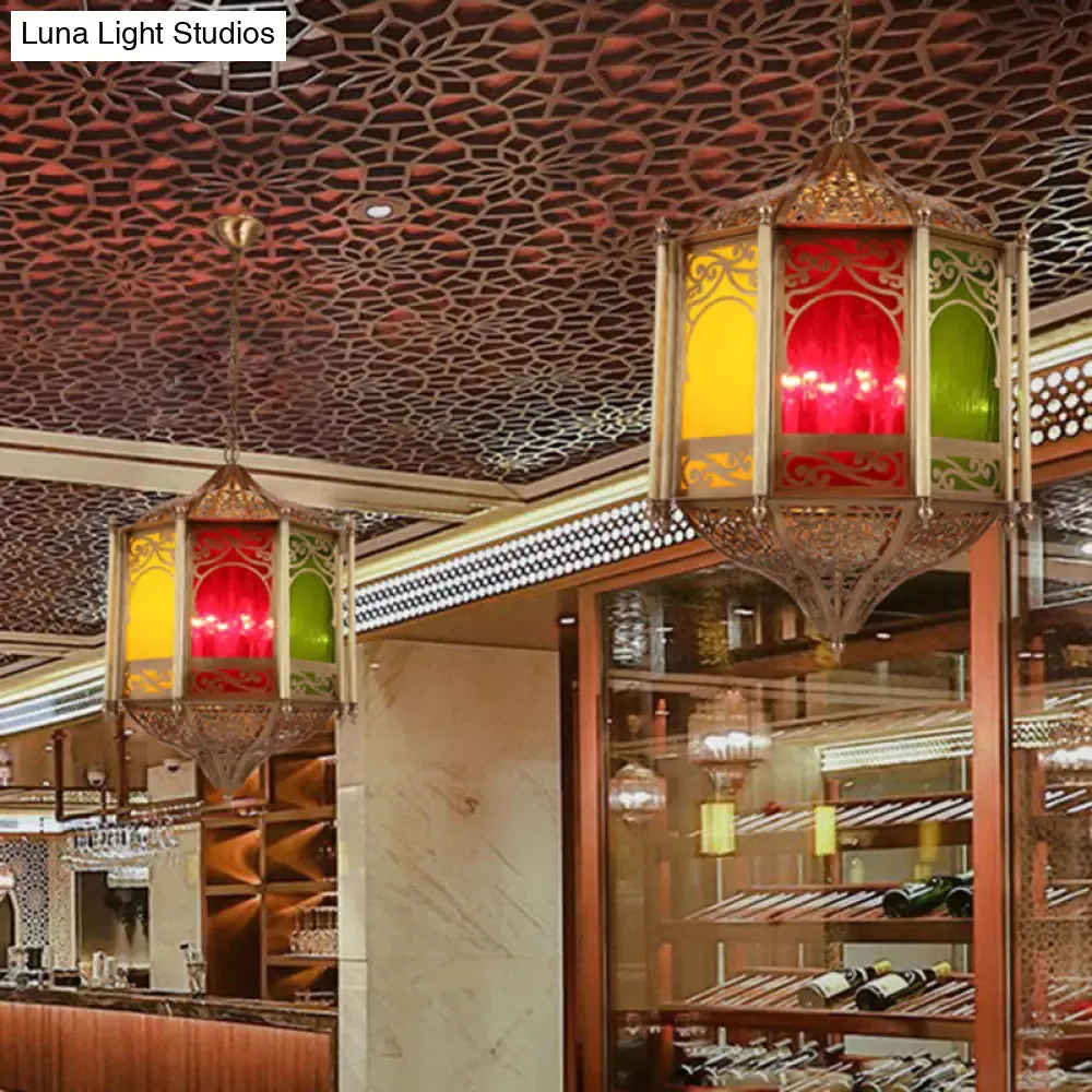 Art Deco Brass Hexagonal Hanging Light Fixture: Metal Ceiling Lamp for Restaurants - 1 Bulb