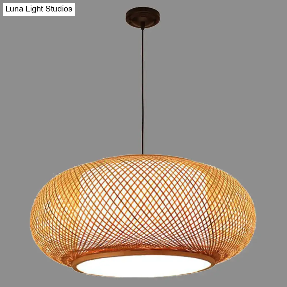 Bamboo Round Lantern Pendant Ceiling Light for Restaurants - Beige with 1 Light