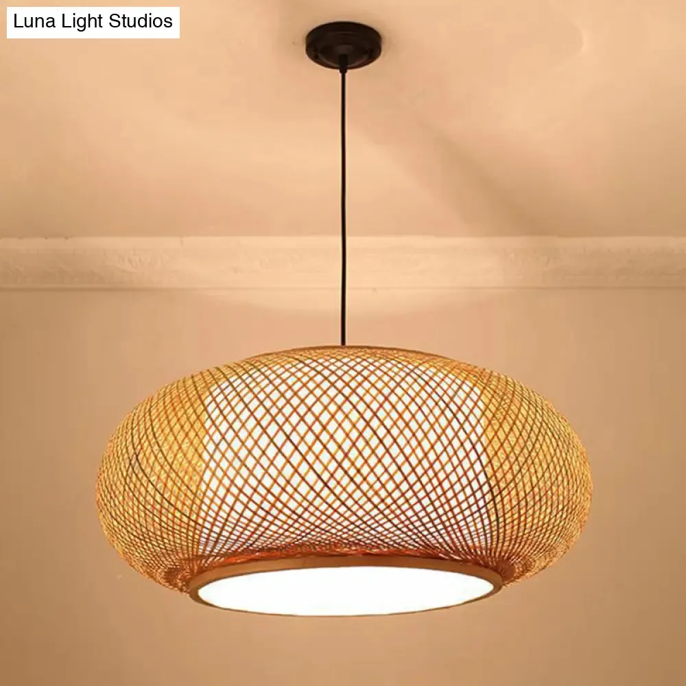 Bamboo Round Lantern Pendant Ceiling Light for Restaurants - Beige with 1 Light