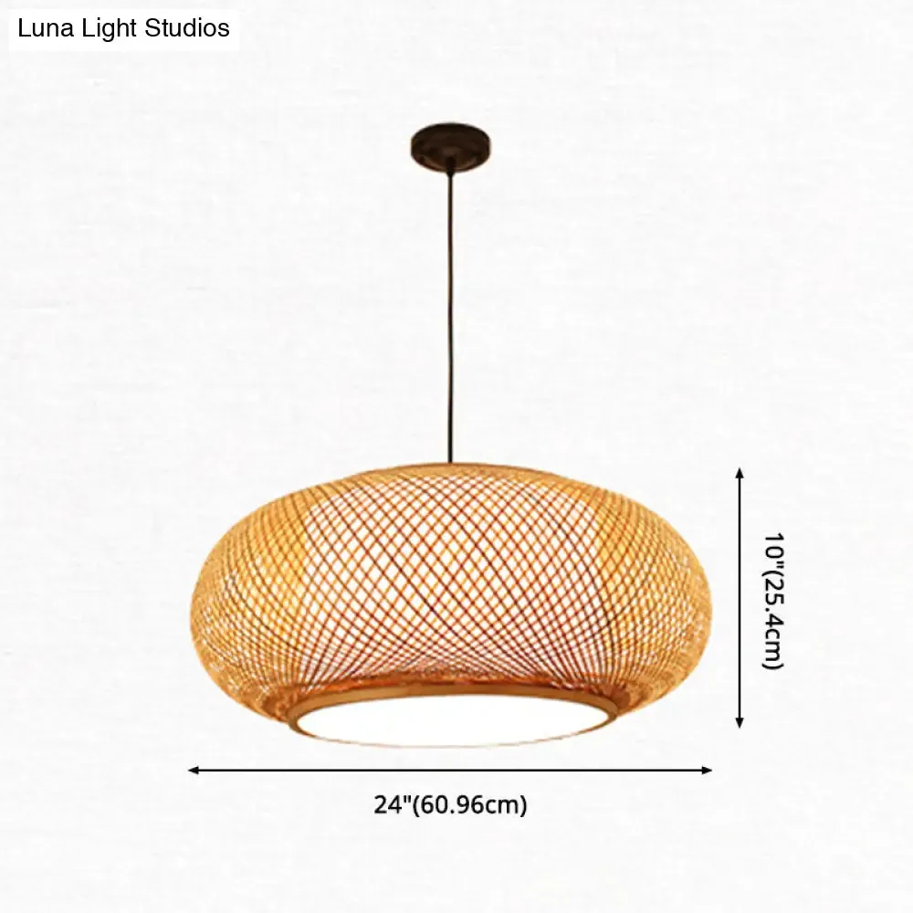 Bamboo Round Lantern Pendant Ceiling Light for Restaurants - Beige with 1 Light