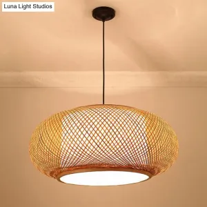 Bamboo Round Lantern Pendant Ceiling Light for Restaurants - Beige with 1 Light