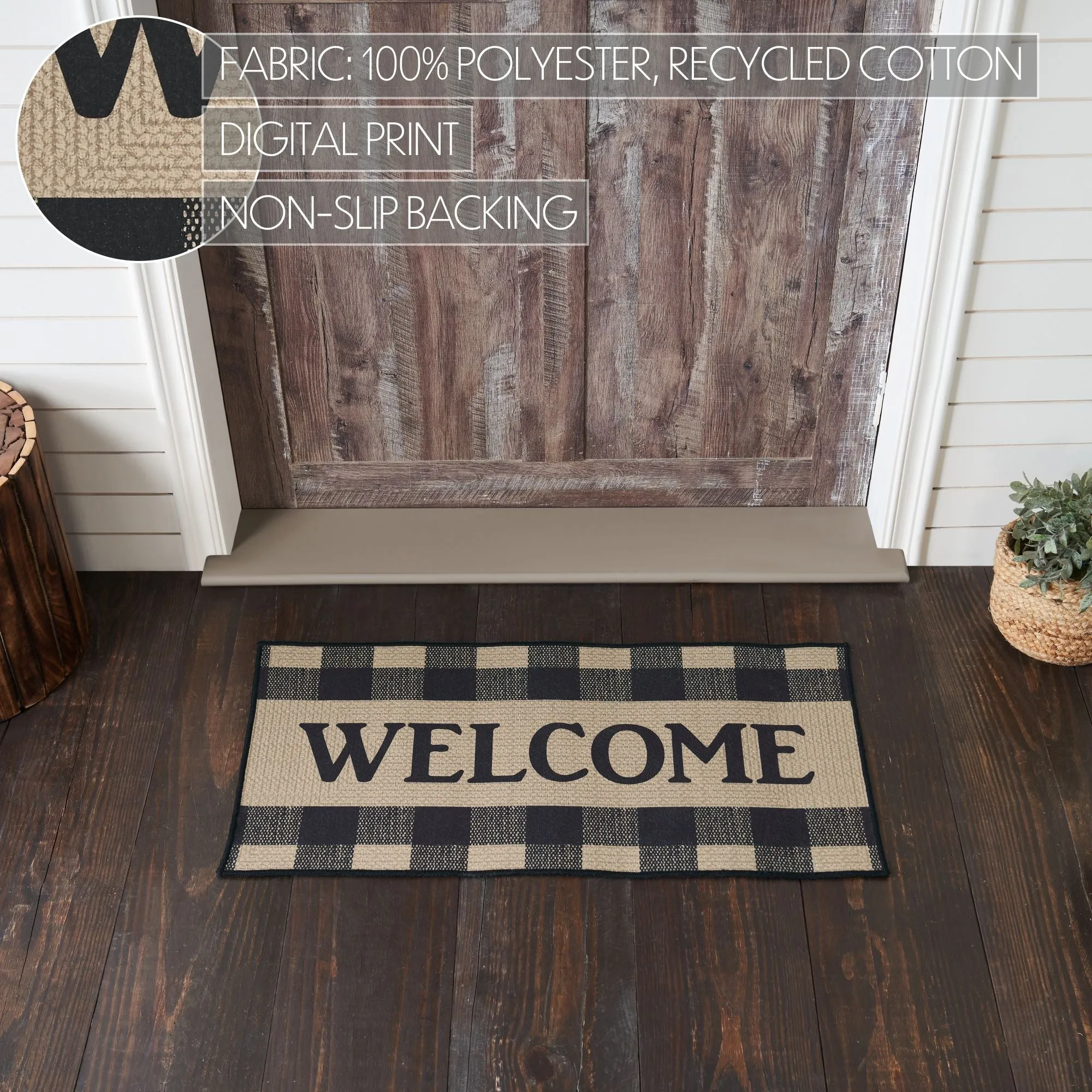 Black Check Welcome Polyester Rug Rect 17x36