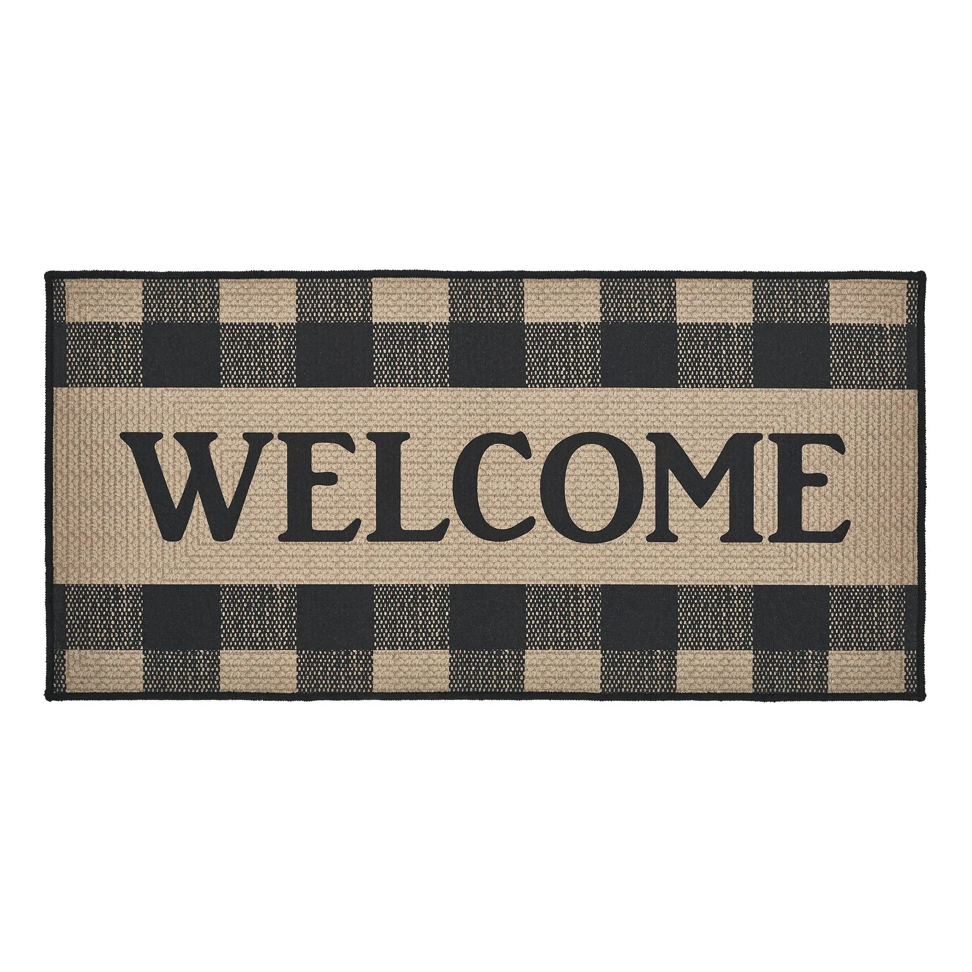 Black Check Welcome Polyester Rug Rect 17x36