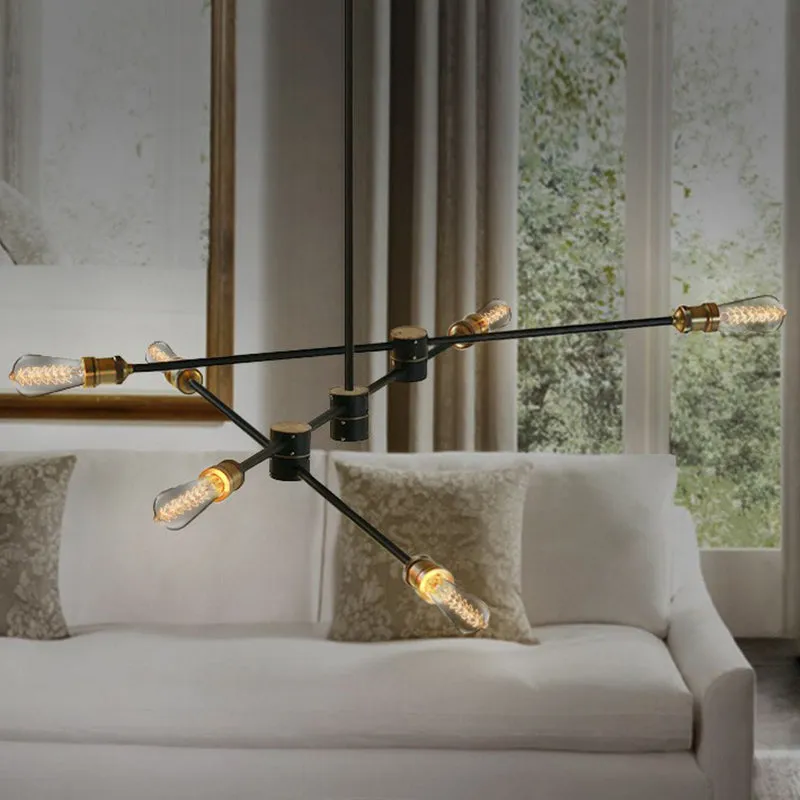 Black Industrial Iron Dining Room Chandelier Lamp with Rotatable Rod Arm