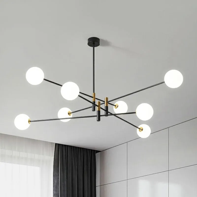 Black Opal Glass Living Room Chandelier with Radial Opaline Balls