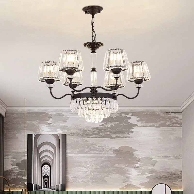 Black Tiered Down Lighting Crystal Block Chandelier Lamp - Elegant Simplicity, 6 Lights with Conical Shade