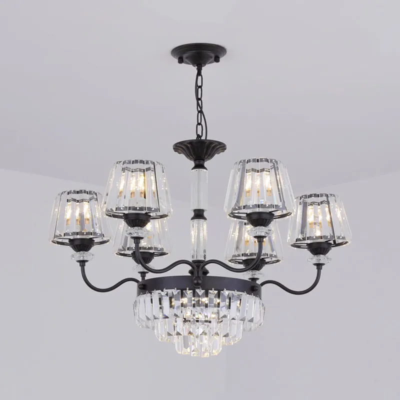 Black Tiered Down Lighting Crystal Block Chandelier Lamp - Elegant Simplicity, 6 Lights with Conical Shade