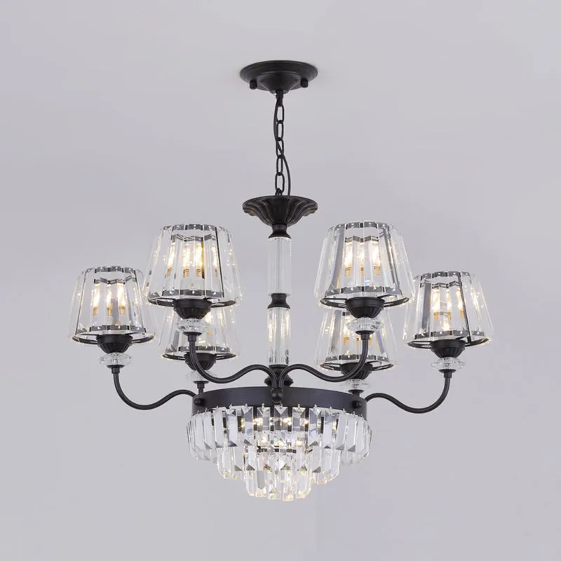 Black Tiered Down Lighting Crystal Block Chandelier Lamp - Elegant Simplicity, 6 Lights with Conical Shade