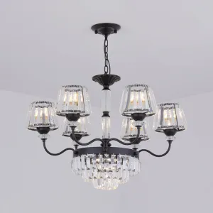 Black Tiered Down Lighting Crystal Block Chandelier Lamp - Elegant Simplicity, 6 Lights with Conical Shade