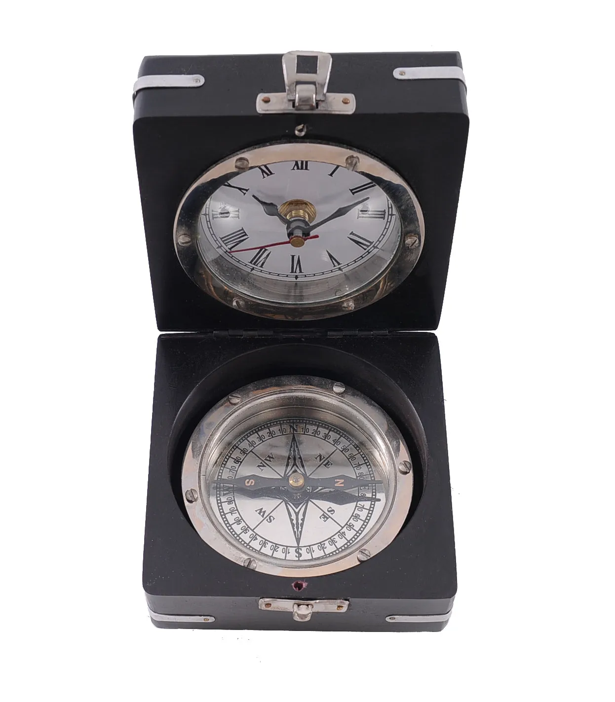 Brass Compass and Clock with Wooden Case By Homeroots
