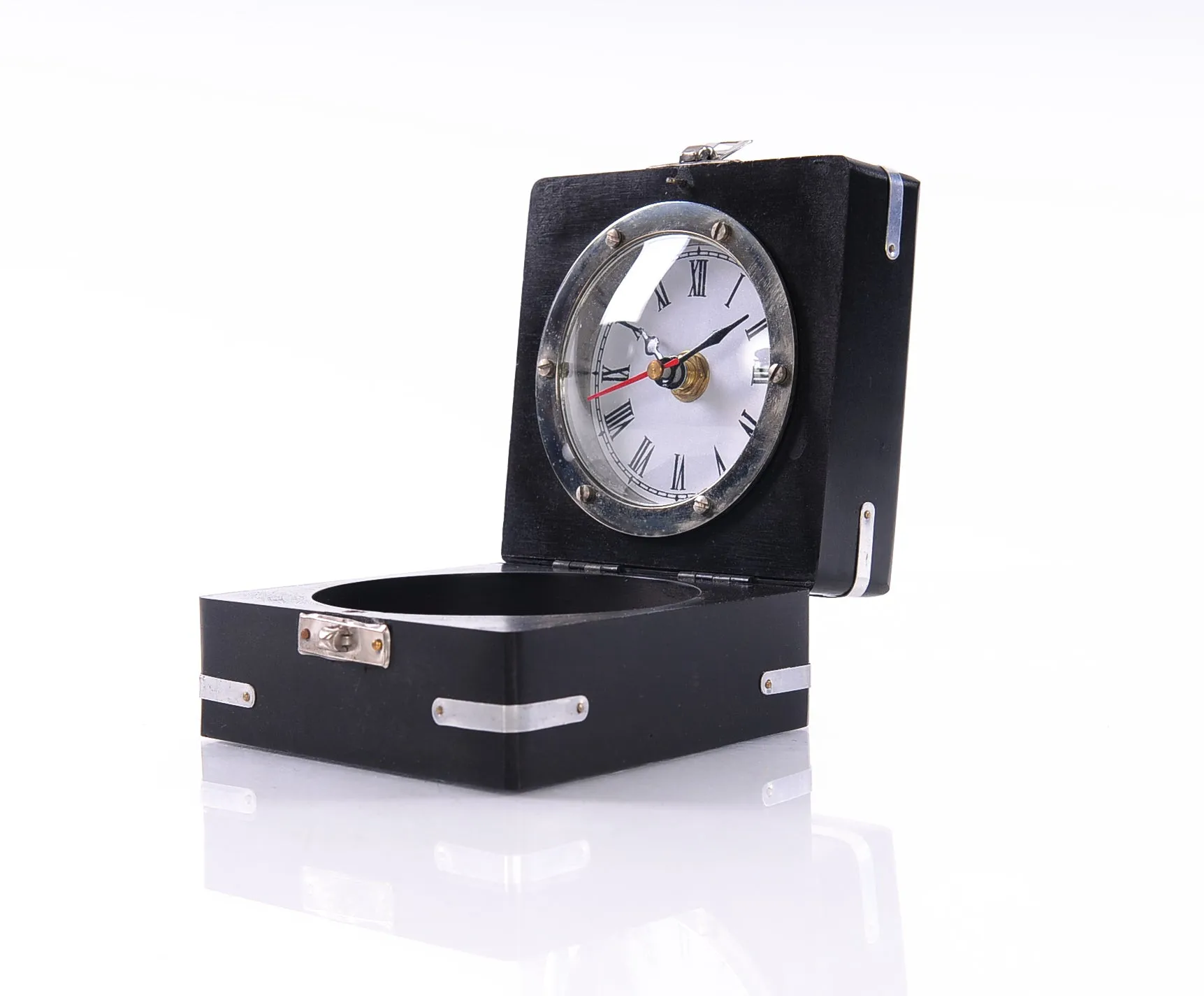 Brass Compass and Clock with Wooden Case By Homeroots