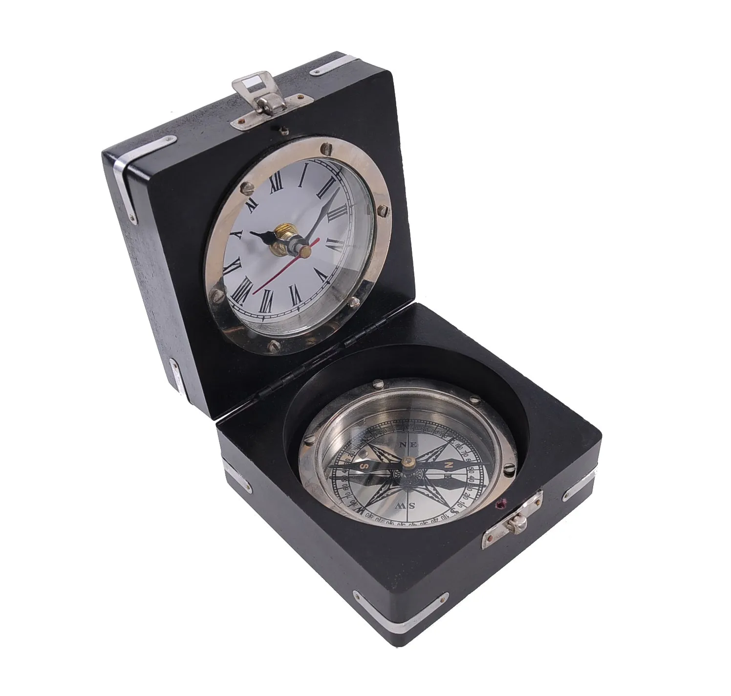 Brass Compass and Clock with Wooden Case By Homeroots