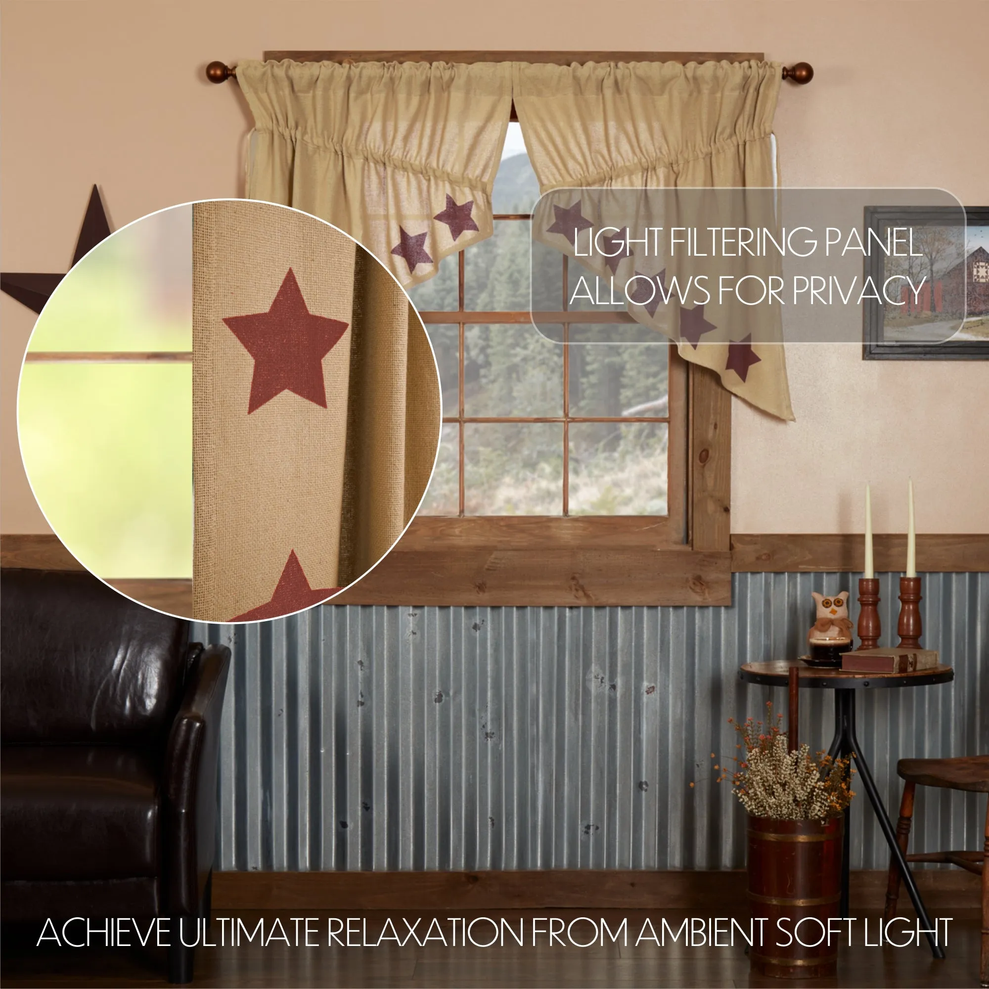 Burlap w/Burgundy Stencil Stars Prairie Swag Set of 2 36x36x18